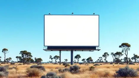 Wide view tall blank billboards country landscape dry grass eucalyptus trees blue sky modern realistic