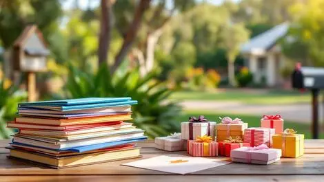 Colorful greeting cards various gift boxes on wooden table australian suburban eucalyptus trees mailbox