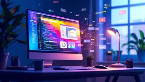 Computer screen vibrant ui design code snippets flowing ai transformation