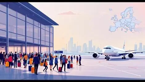 Realistic airport terminal travelers luggage plane europe map azerbaijan highlighted