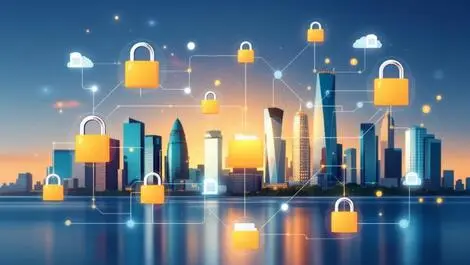 Australian city skylines with interconnected padlocks digital folders and documents symbolising secure legal technology workflow automation in law firms
