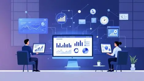 Business professionals computers interconnected graphs digital interfaces modern office