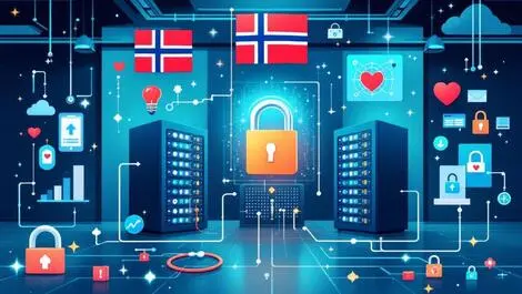 Secure server room norwegian flags medical icons digital padlocks healthcare data