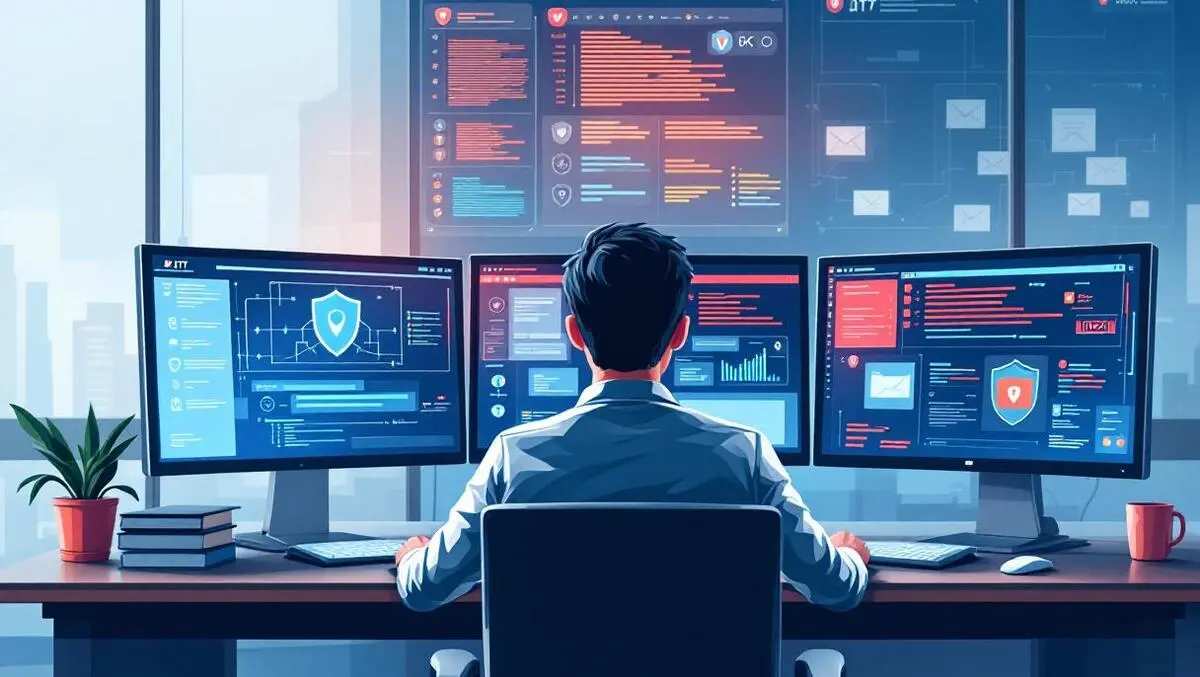 Digital illustration it security expert monitoring network shields alerts
