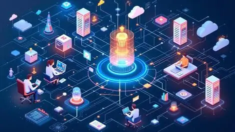 Detailed illustration interconnected computer systems servers data integration ai coordination enterprise collaboration