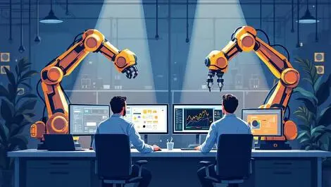 Engineers overseeing robotic arms automated software testing modern office
