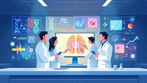 Four scientists modern lab ai healthcare research dna cancer cells