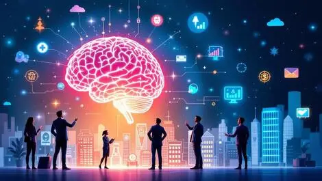 Business professionals ai brain glowing industry icons integration global enterprises