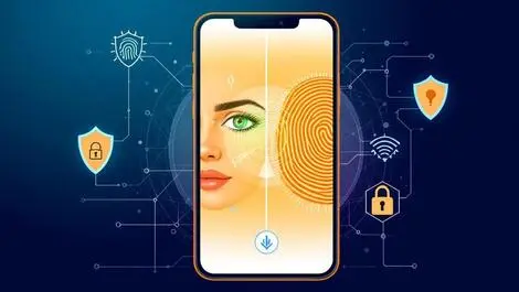 Biometric fingerprint scan facial recognition smartphone security shield icons