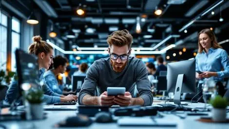 Modern office workspace professionals collaborating digital devices teamwork uk