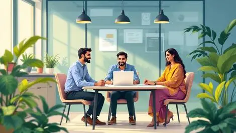 Indian office employees collaborating happily around table modern decor