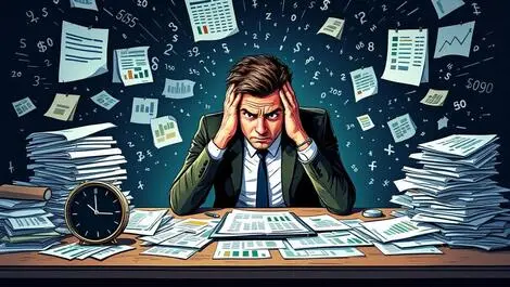 Worried business executive overwhelmed by spreadsheets financial documents chaos