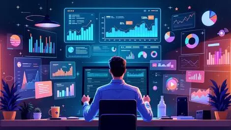 Digital marketer at computer surrounded by digital graphs charts