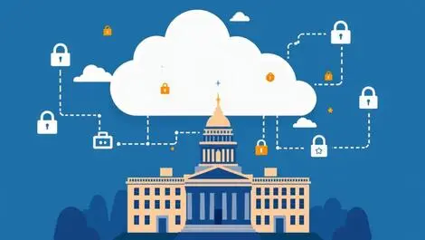 Secure cloud above us government buildings encrypted data symbols locks