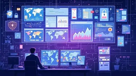 Computer security operations center professionals monitoring threat maps
