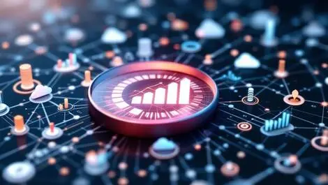 Digital illustration magnifying glass data points charts ai cloud networks