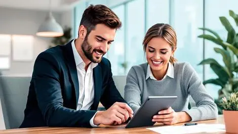 Australian insurance broker client using tablet approval icons modern office