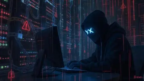 Masked figure at computer digital locks chains on data servers vulnerability breach realistic
