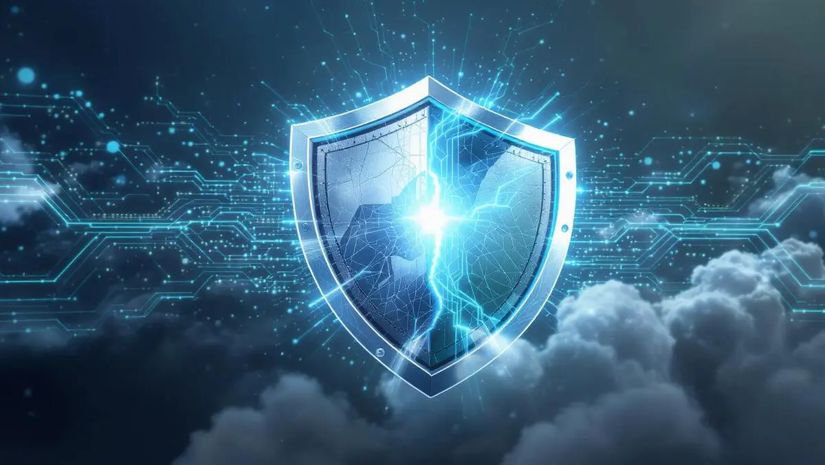 Realistic illustration two secure digital shields merging cybersecurity