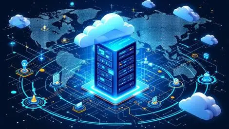 Modern data center with servers cloud ai algorithms digital global reach