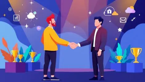 Professionals shaking hands stage trophies digital collaboration cloud anz