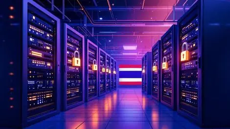 Secure digital server room glowing locks thai flag cybersecurity data protection