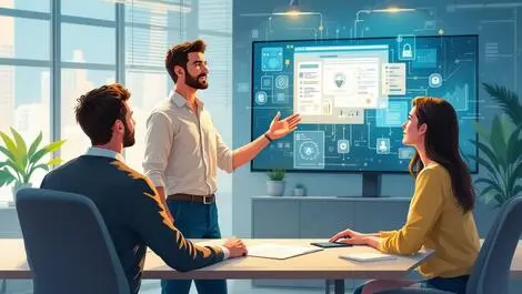 Australian entrepreneur presenting advanced cybersecurity technology in modern office illustration