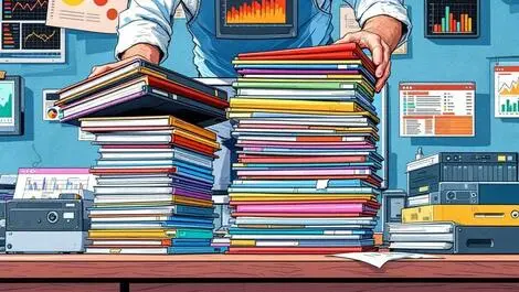 Person organizing colorful folders hard drives cluttered office desk data graphs