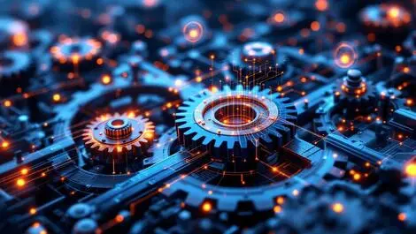 Realistic illustration interconnected gears factory equipment digital lines automated manufacturing ai integration