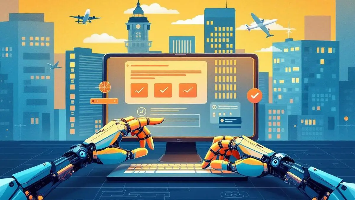 Robotic hands computer airplanes hotel buildings automated online travel bookings