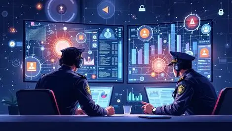 Law enforcement agents analyzing digital cyber threat intelligence data