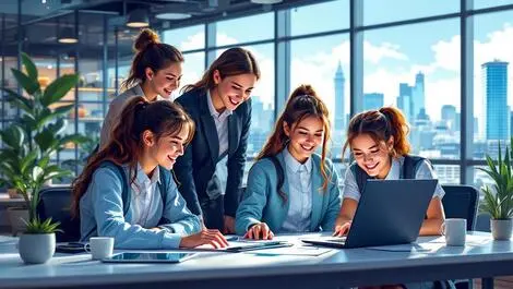 Enthusiastic new zealand schoolgirls futuristic tech mentorship modern office