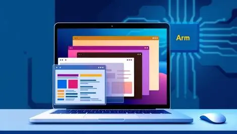 Sleek laptop with multiple app windows arm technology microchip illustration