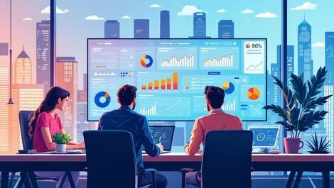 Modern office workers collaborating digital dashboard analytics australian city