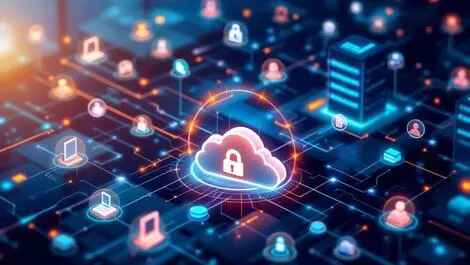 Secure cloud network infrastructure data centers cloud icons automated connectivity