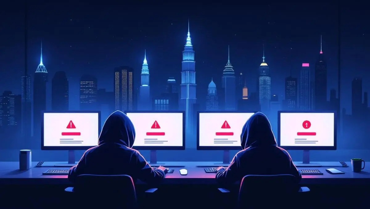 Digital illustration shadowy hooded figures cyber attacks malaysia