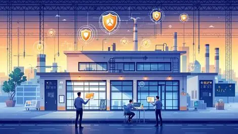 Modern factory asia pacific engineers digital interfaces cybersecurity shield icons