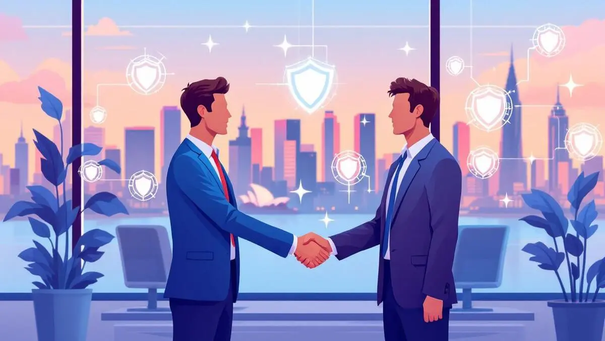 Businesspeople shaking hands cybersecurity partnership australian city skyline