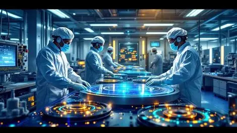 Detailed illustration cleanroom engineers examining silicon wafers photonic chips