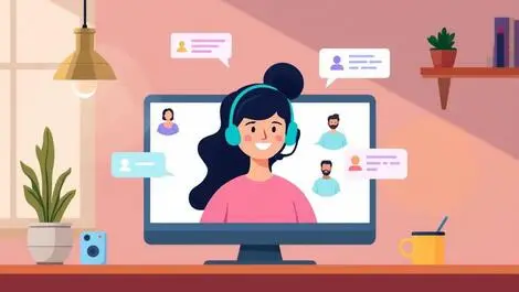 Friendly virtual assistant headset phone calls chat bubbles office