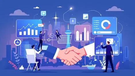 Businesspeople shaking hands ecommerce partnership digital growth asian city skyline