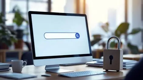 Realistic photo computer screen simple search interface office desk lock symbol ai security