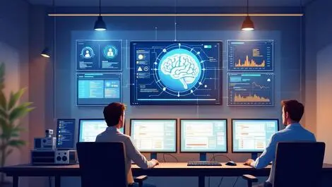 Security operations center analysts monitoring screens ai brain icon cybersecurity