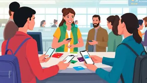 Modern airline check in counter passengers using digital payment methods smartphones cards