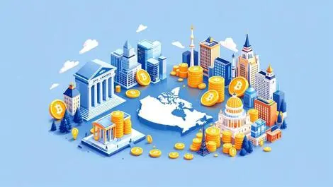Traditional bank buildings digital coins global landmarks canada outline