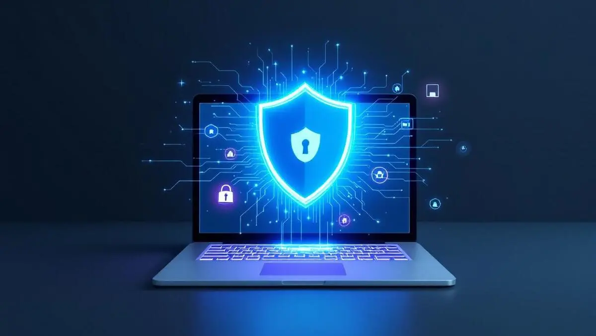 Realistic modern laptop digital shield network security cyber protection