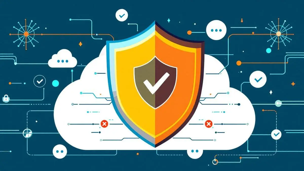 Shield symbol integrated with cloud network elements secure cloud software protection cyber threat detection blocking