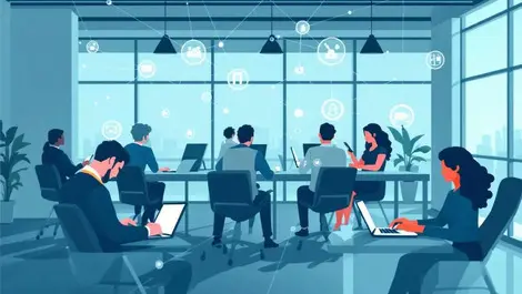 Modern office team collaboration digital devices network nodes illustration