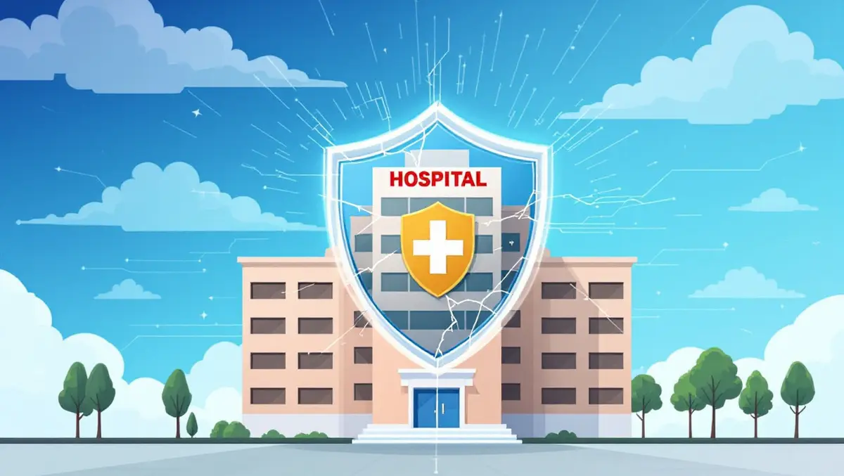 Realistic illustration hospital building digital shield cracks healthcare data security vulnerabilities
