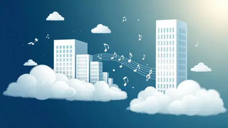 Music notes flowing between australia new zealand modern office buildings digital licensing